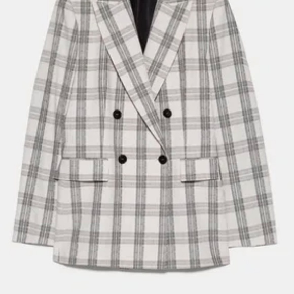 ZARA double breasted cream and grey plaid blazer, S - Picture 3 of 10